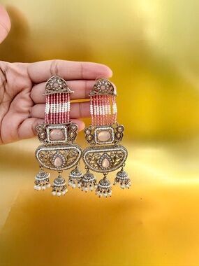 Handcrafted Gold-Tone Pink Beaded Chandbali Earrings